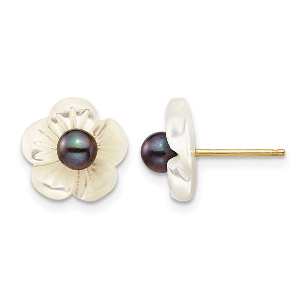 14K Gold Filled 3-4mm Black FWC Pearl MOP Flower Post Earrings, 11mm